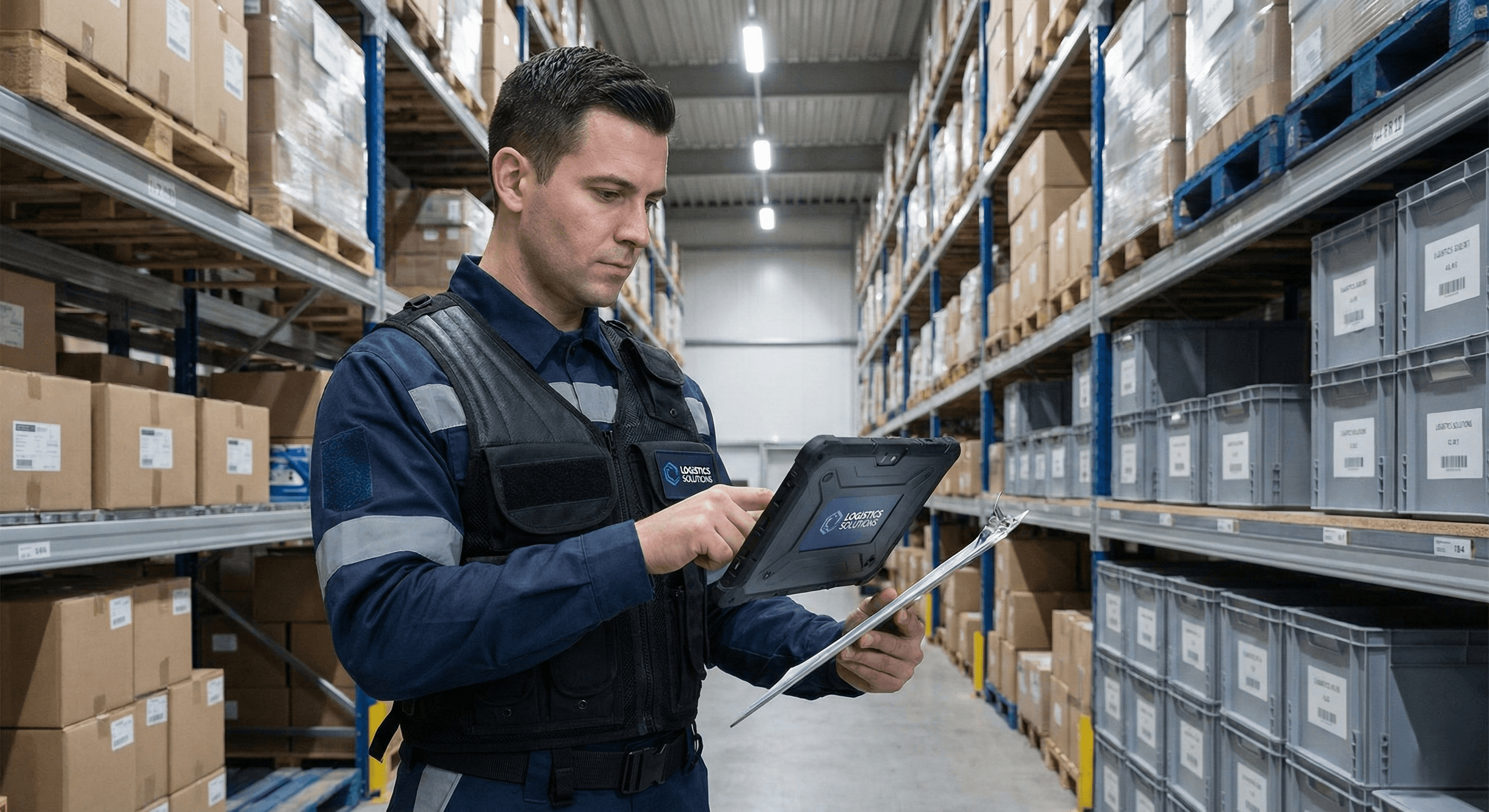 Agente de seguridad de Alcorps revisando un inventario